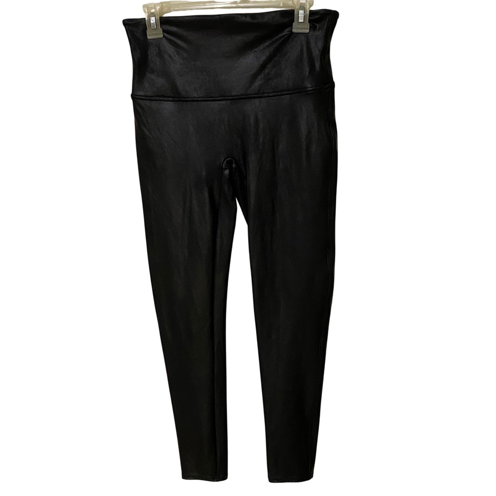 Spanx Faux Leather Leggings Black High Rise Shaping Ankle Edgy Model XL Petite